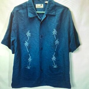 Blue Hawaiian Shirt with Palm Tree Embroidery